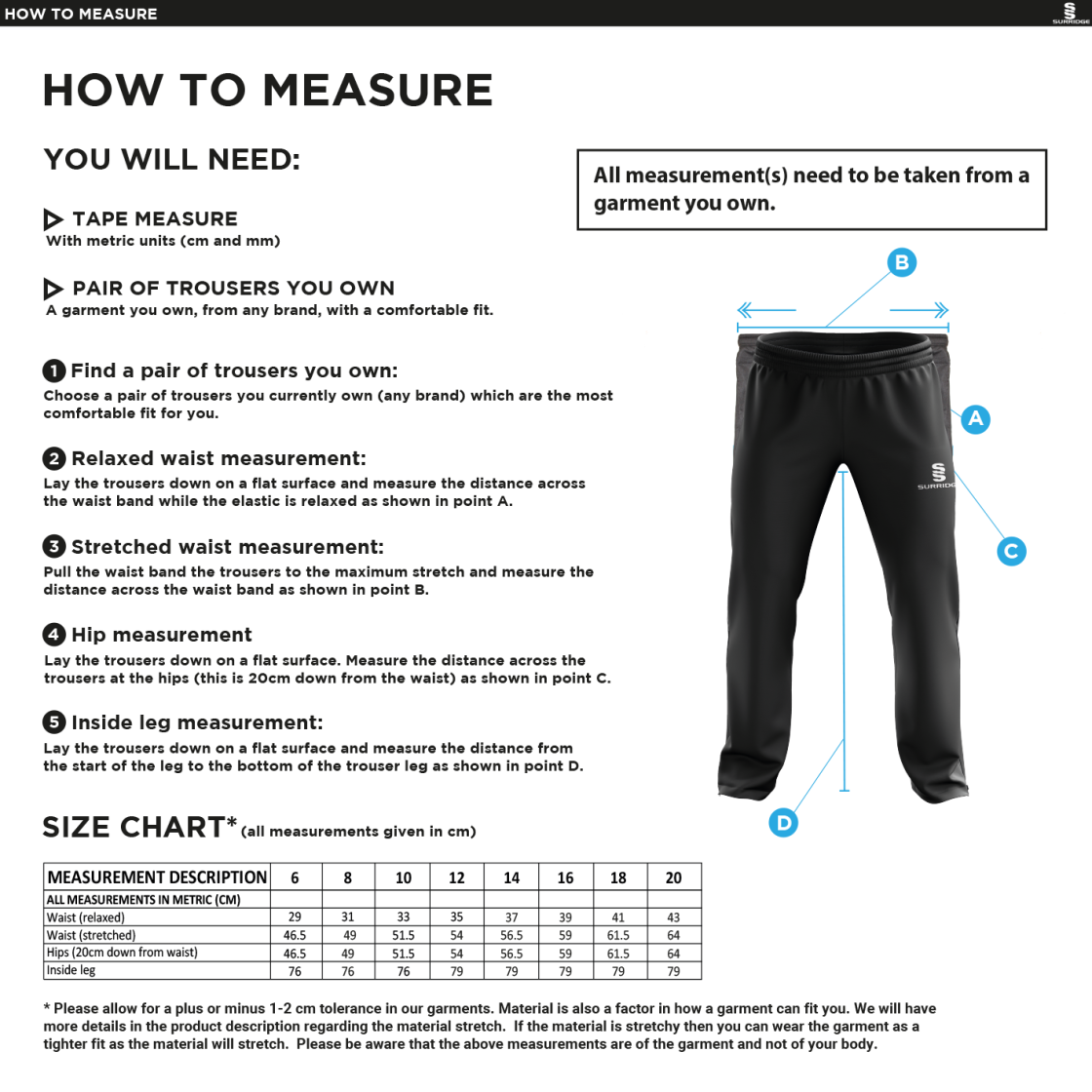 Lytham CC - Women's Ripstop Track Pant - Size Guide