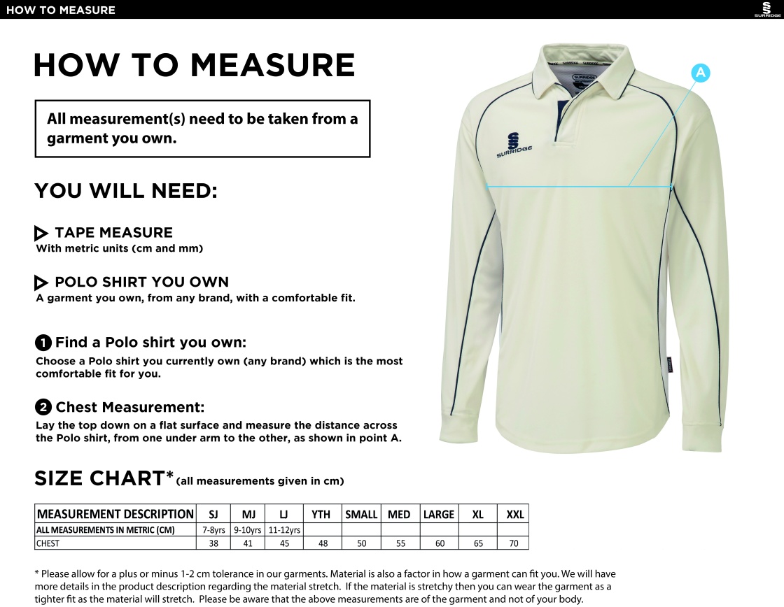 Lytham CC - Premier Long Sleeve Shirt - Size Guide
