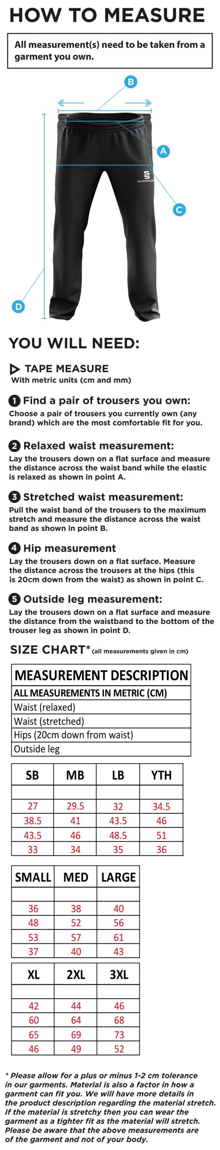 Lytham CC - Ripstop Track Pants - Size Guide