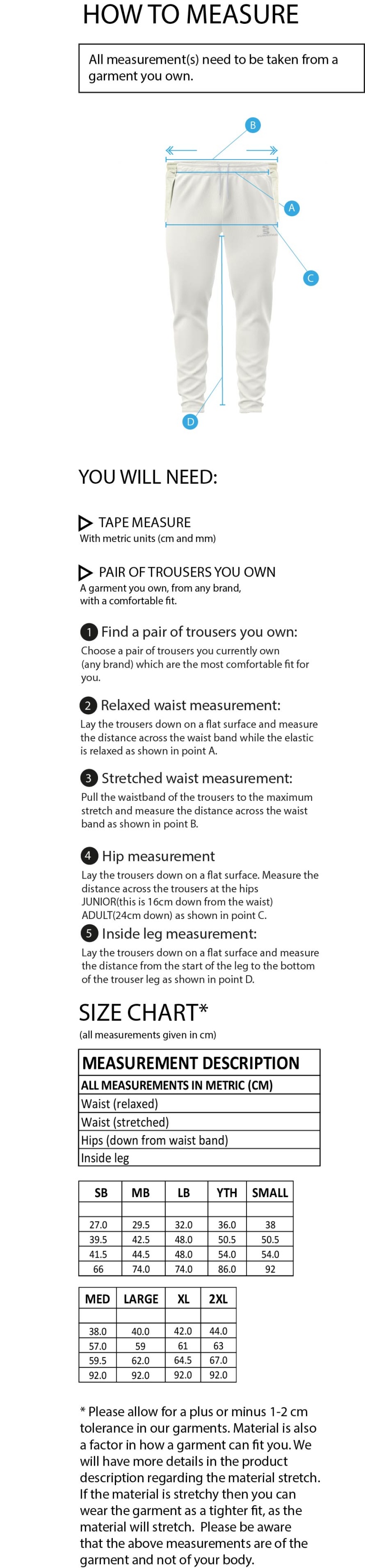 Lytham CC - Blade Playing Pants - Size Guide