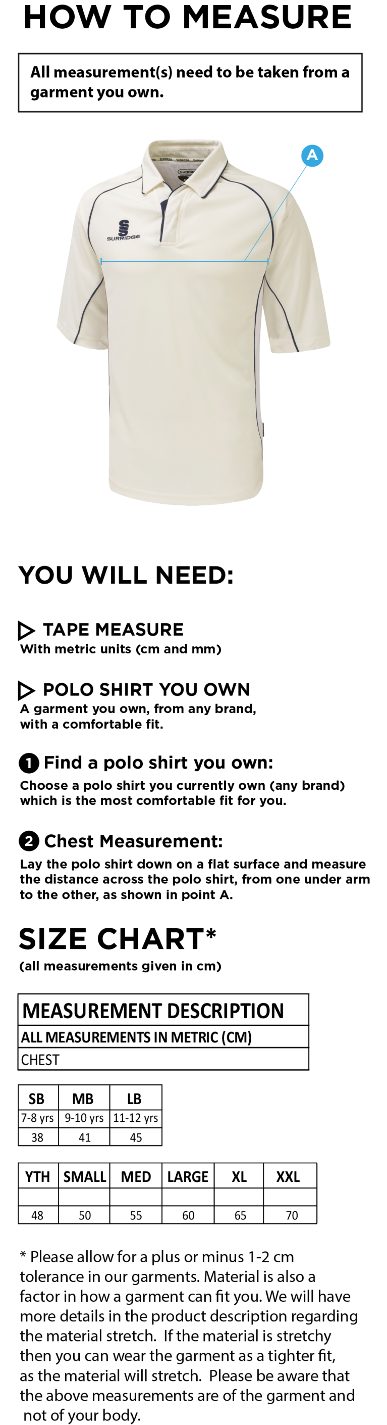 Lytham CC - Premier 3/4 Sleeve Shirt - Size Guide