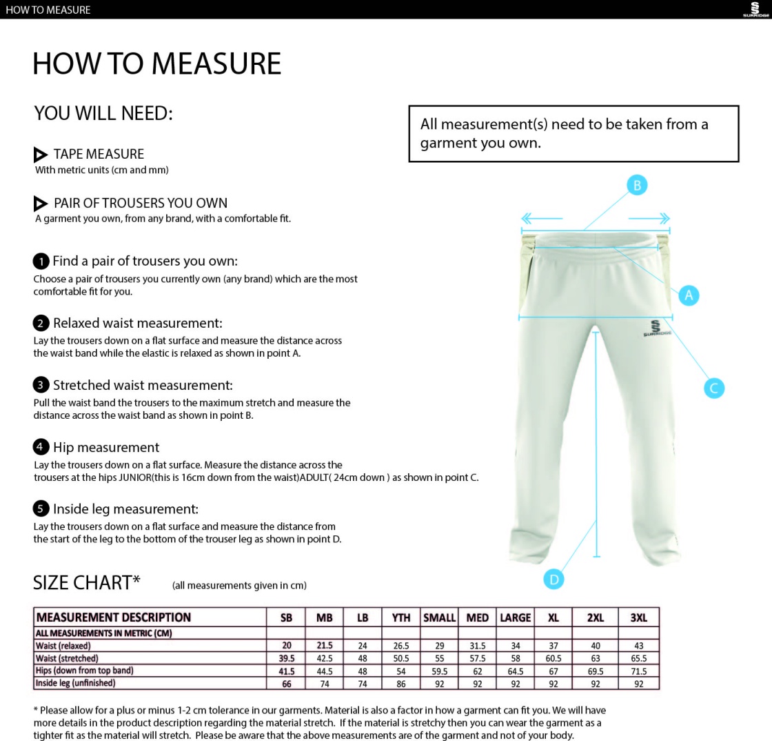 Lytham CC - Pro Playing Trousers - Size Guide