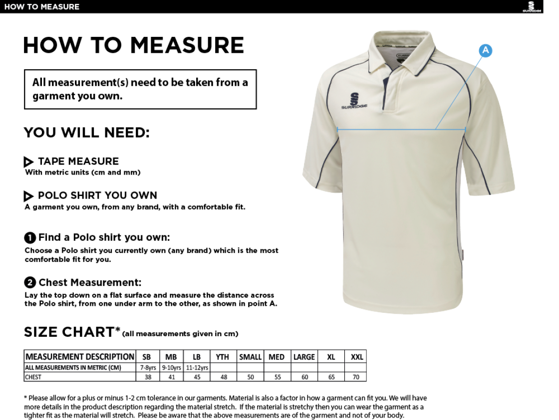Lytham CC - Premier 3/4 Sleeve Shirt - Size Guide