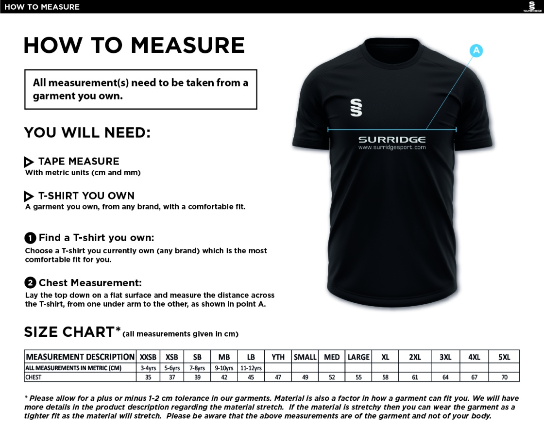 Lytham CC - T20 Training Shirt - Size Guide