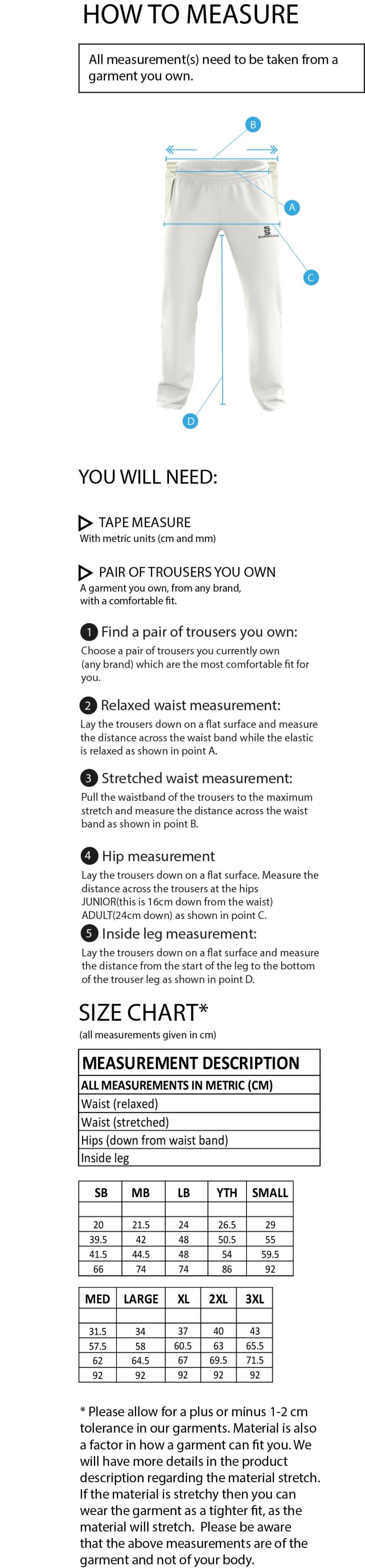 Lytham CC - Pro Playing Trousers - Size Guide