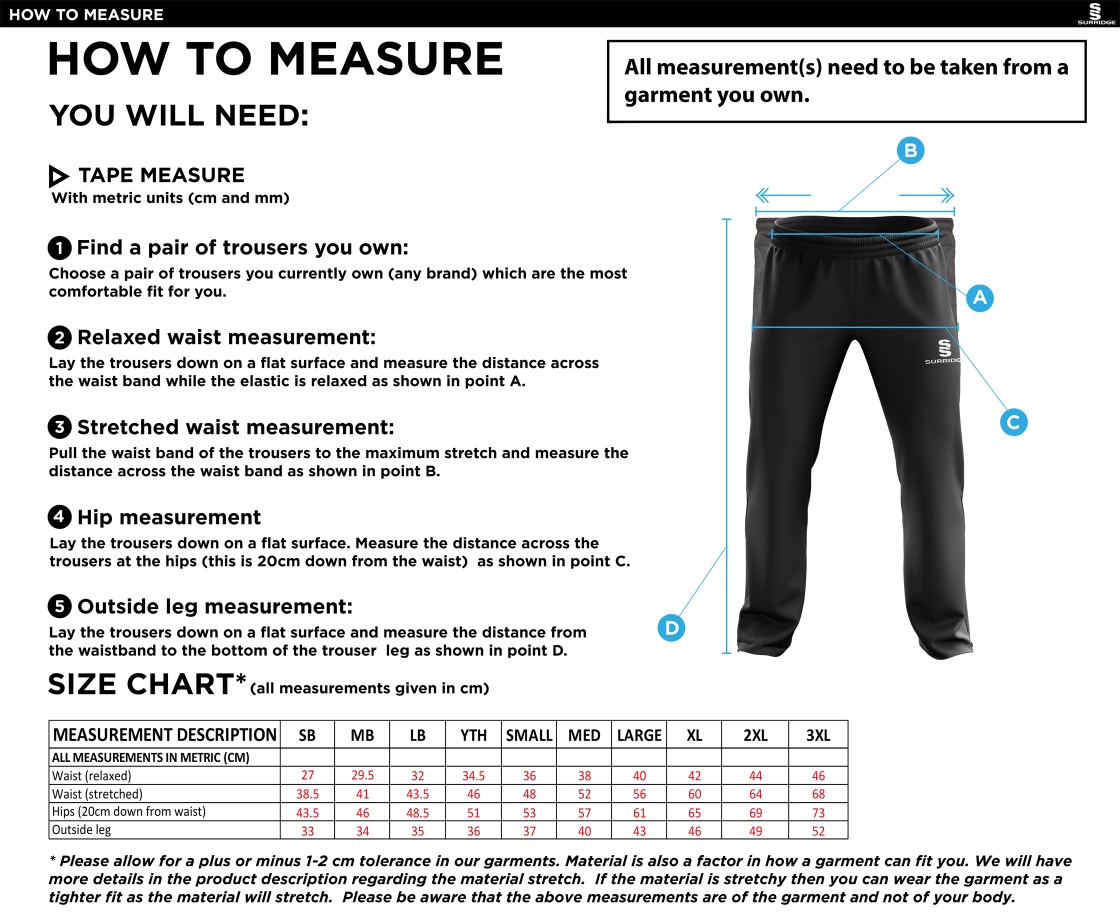 Lytham CC - Ripstop Track Pants - Size Guide
