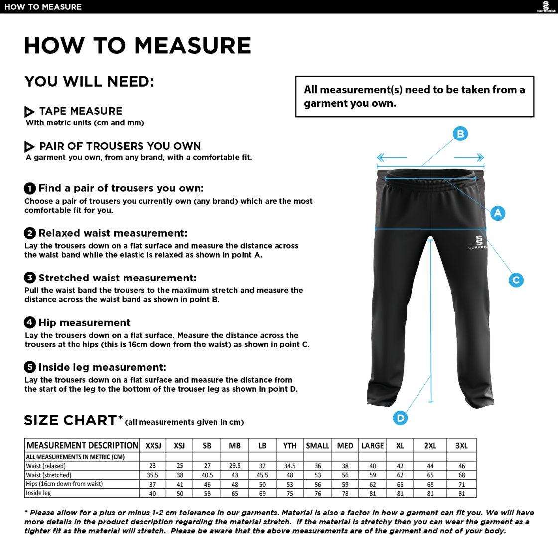 Lytham CC - Poplin Track Pant - Size Guide