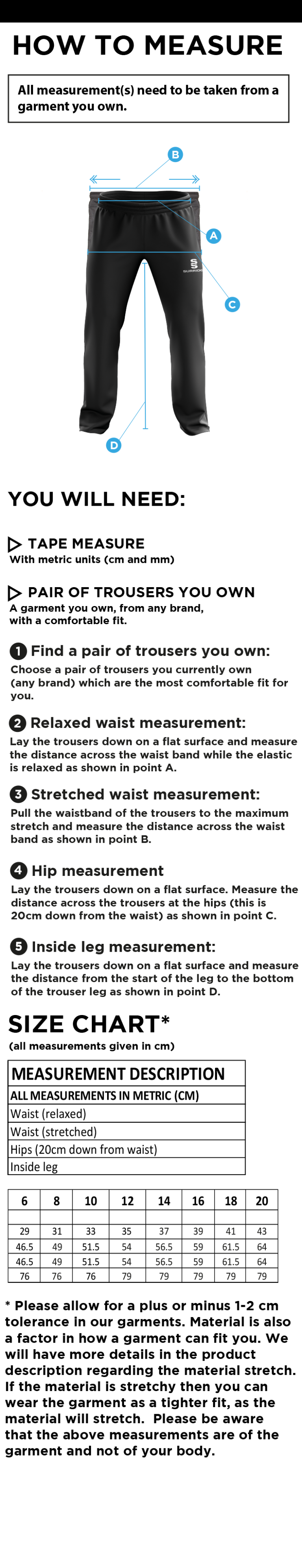 Lytham CC - Women's Poplin Pants - Size Guide