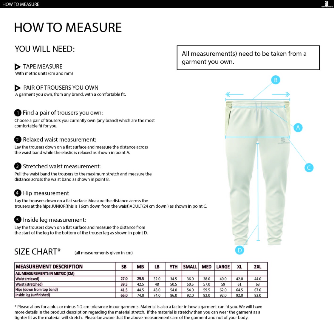 Lytham Cc - Tek Playing Trousers - Size Guide