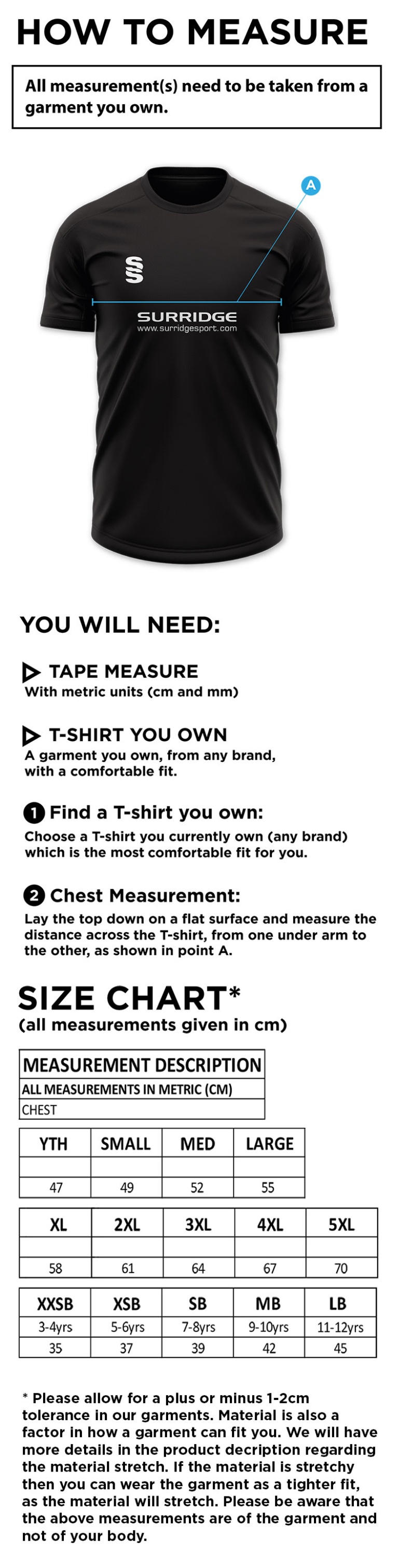 Lytham CC - T20 Training Shirt - Size Guide