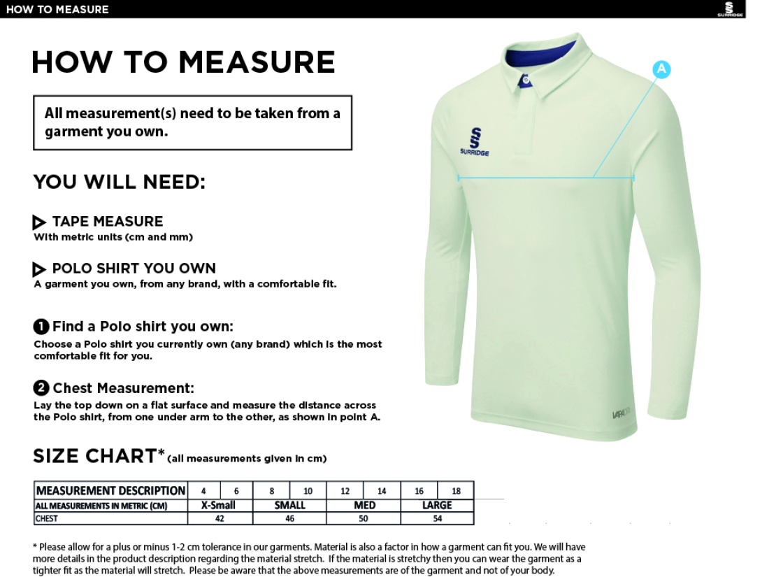 LYTHAM CC DUAL LONG SLEEVE CRICKET SHIRT (WOMENS)-Ivory - Size Guide